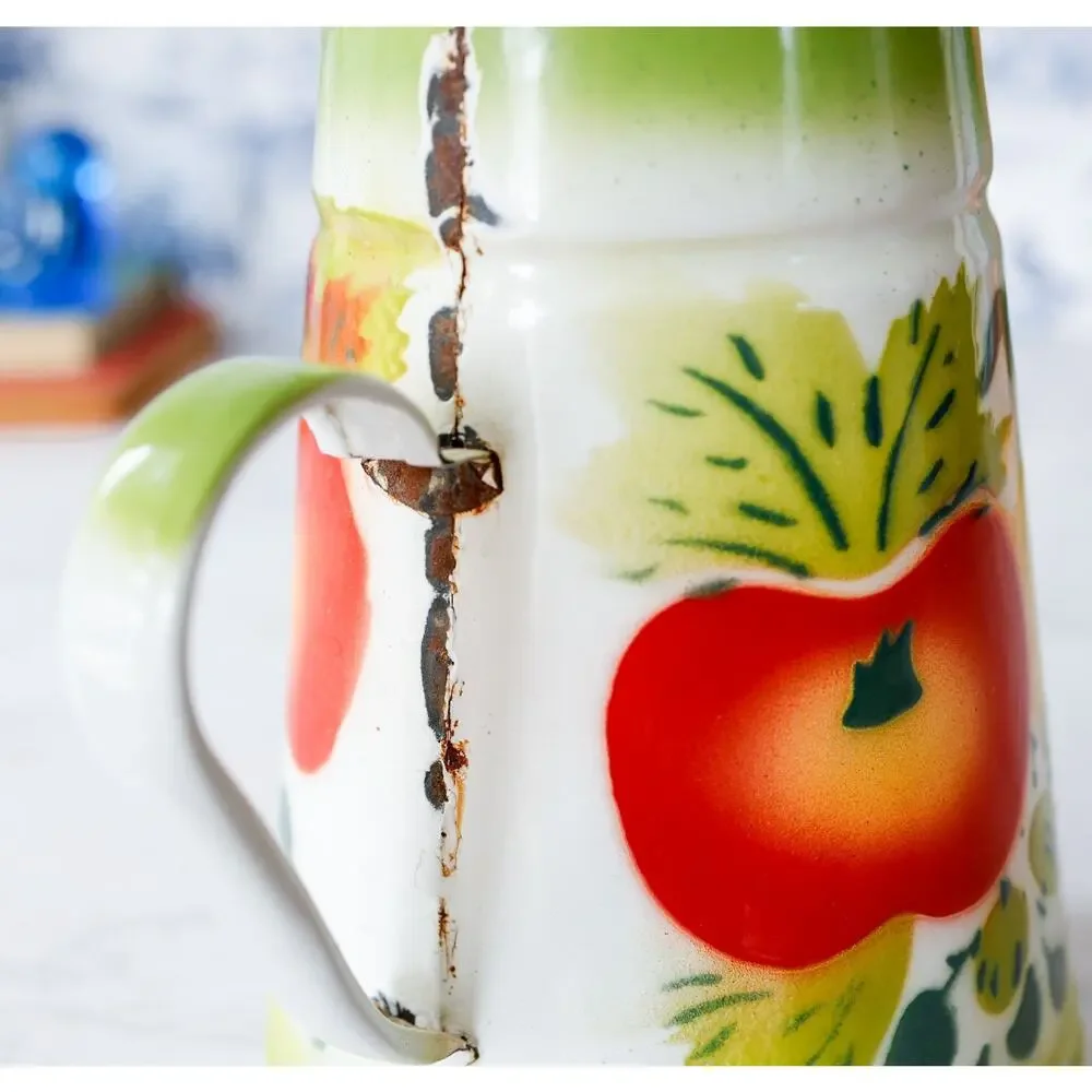 Vintage Fruit Enamelware Coffee Tea Pot MCM Retro Cottage Farm Grandma Tea Party